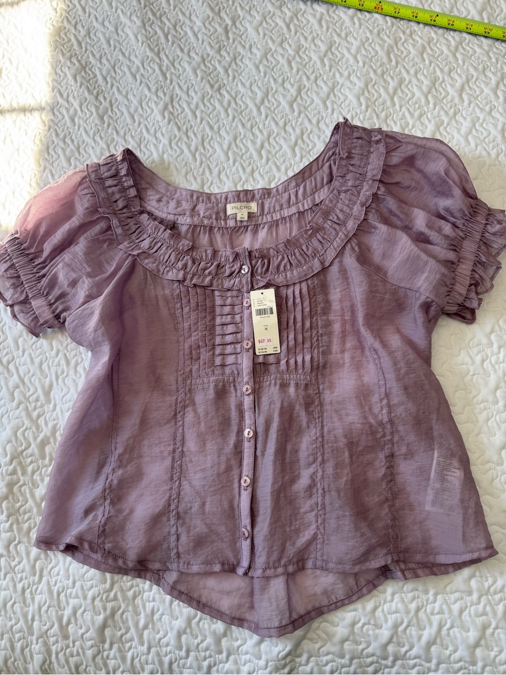 Pilcro Lilac Ruffled Pintuck Button-Front Top